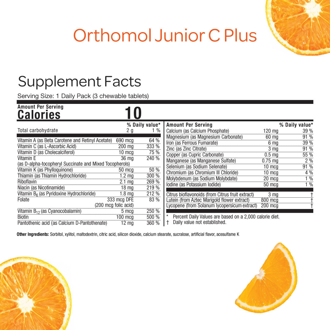 Orthomol Immun Junior C Plus — Daily Immune Support for Kids 4+ with Vitamin C | Children’s Chewables | Tangerine Flavor | 30-Day Supply
