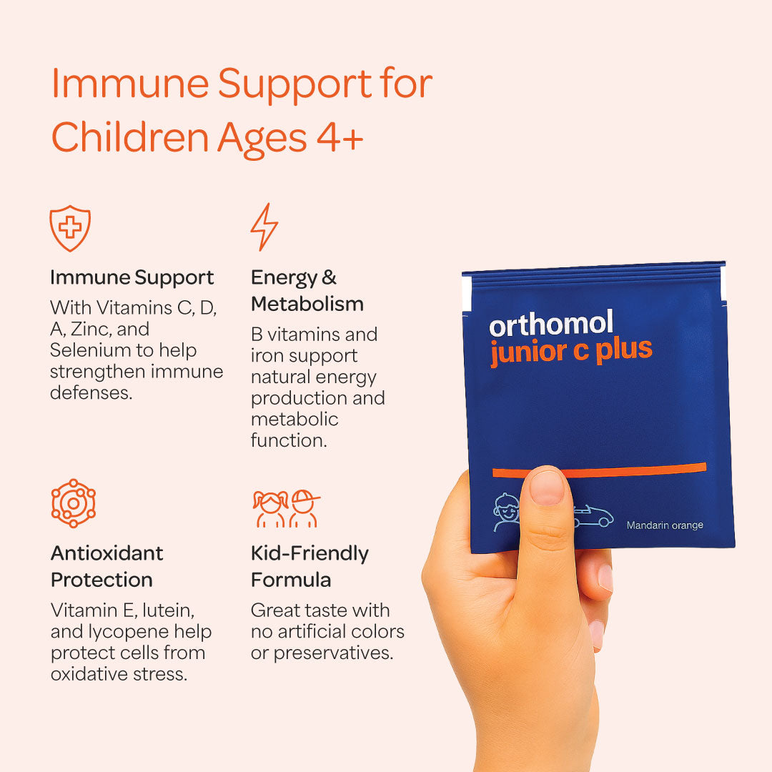 Orthomol Immun Junior C Plus — Daily Immune Support for Kids 4+ with Vitamin C | Children’s Chewables | Tangerine Flavor | 30-Day Supply