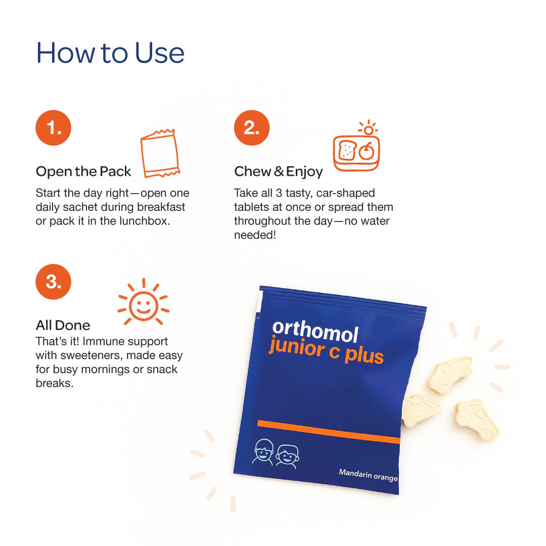 Orthomol Immun Junior C Plus — Daily Immune Support for Kids 4+ with Vitamin C | Children’s Chewables | Tangerine Flavor | 30-Day Supply