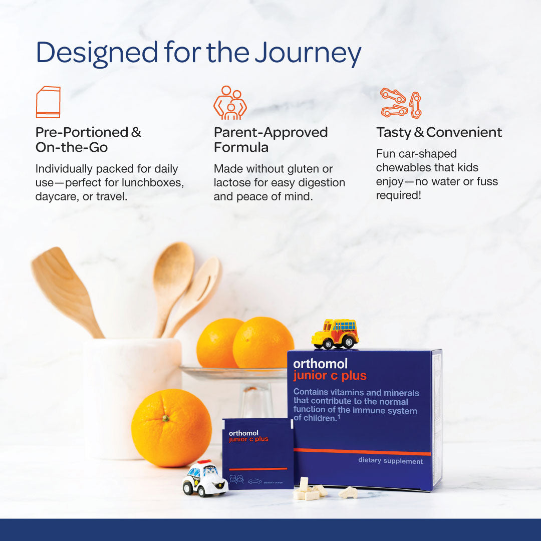 Orthomol Immun Junior C Plus — Daily Immune Support for Kids 4+ with Vitamin C | Children’s Chewables | Tangerine Flavor | 30-Day Supply
