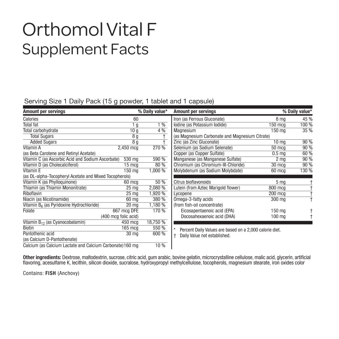 Orthomol Vital F – Powder & Capsule Packs | 30-Day Women's Supplement for Daily Energy, Vitality & Fatigue Support with B Vitamins, Calcium & Omega-3