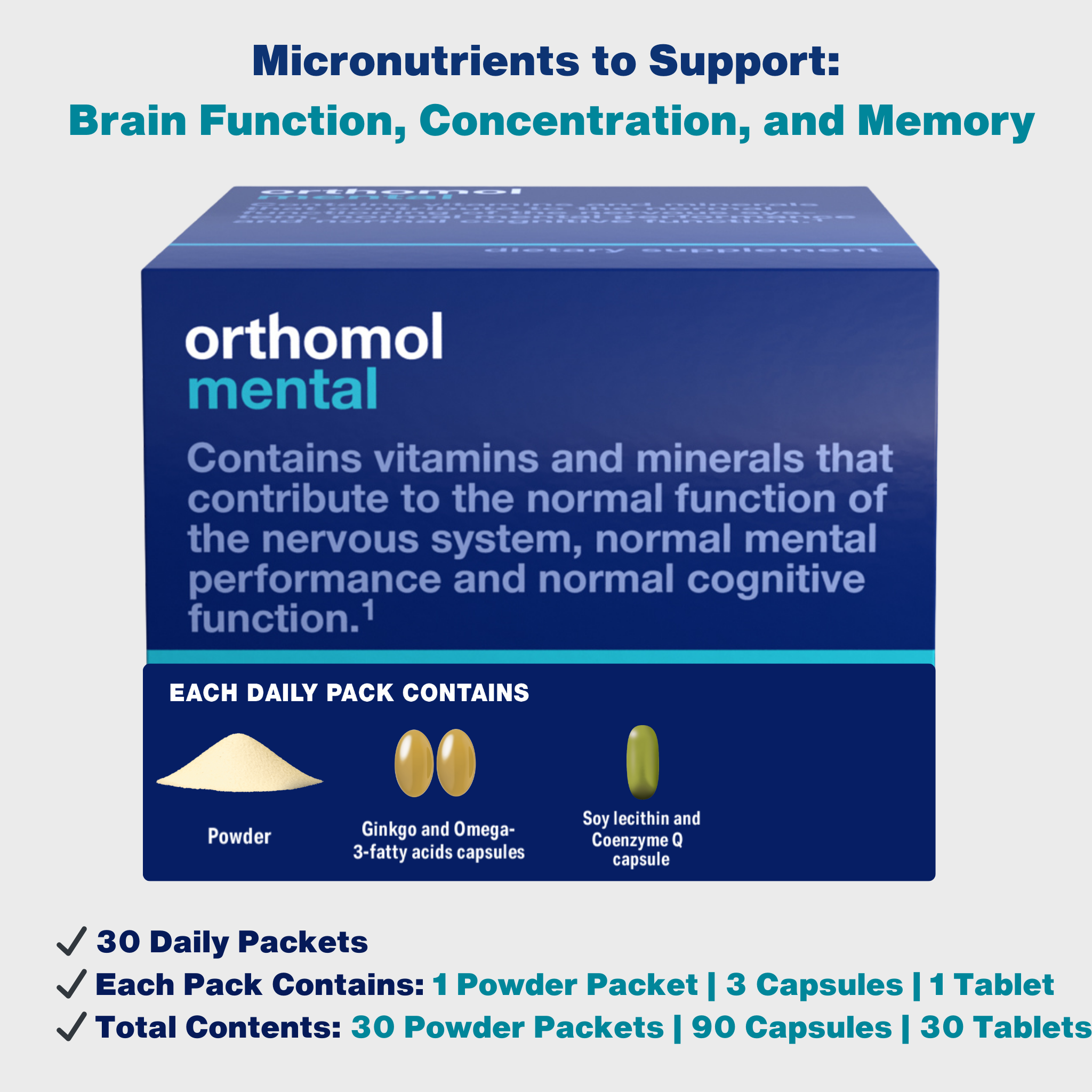 Orthomol Mental, 30-Day Supply, Premium Cognitive Support Supplement with Essential Brain Nutrients for Enhanced Focus & Energy