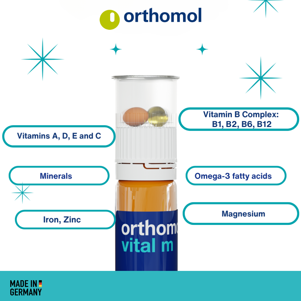 Orthomol Vital M Liquid Vial for Men, 30-Day Vitamin Supplement – Daily Energy, Fatigue Reduction & Vitality Support with Vitamins A, B, C, D, E, K, Omega-3 & Iodine