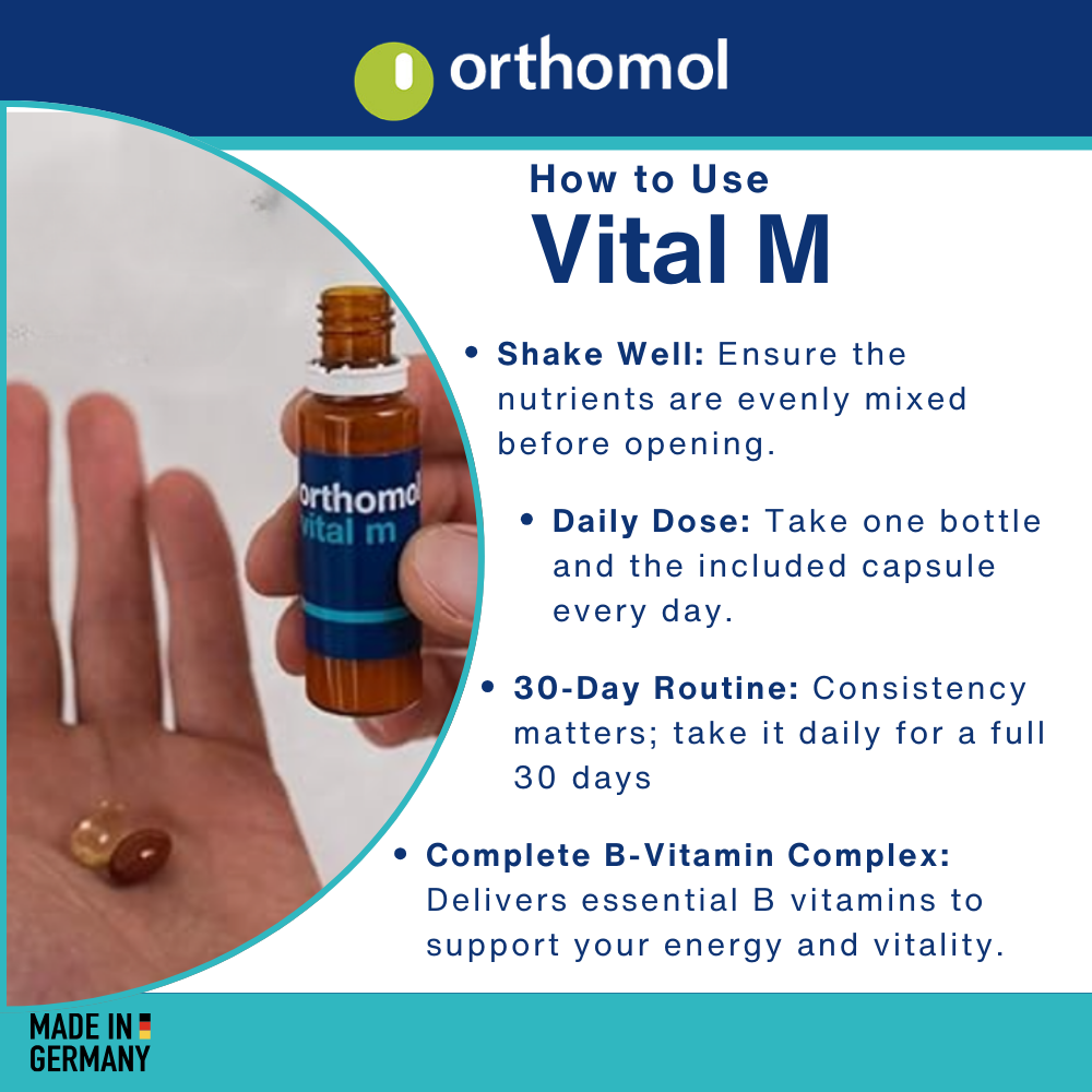 Orthomol Vital M Liquid Vial for Men, 30-Day Vitamin Supplement – Daily Energy, Fatigue Reduction & Vitality Support with Vitamins A, B, C, D, E, K, Omega-3 & Iodine