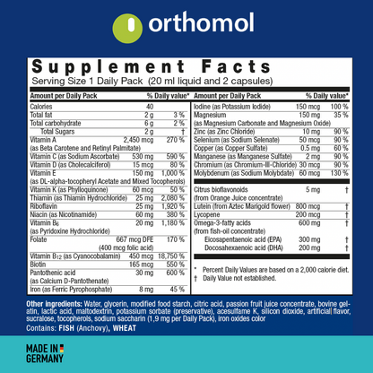 Orthomol Vital M Liquid Vial for Men, 30-Day Vitamin Supplement – Daily Energy, Fatigue Reduction & Vitality Support with Vitamins A, B, C, D, E, K, Omega-3 & Iodine