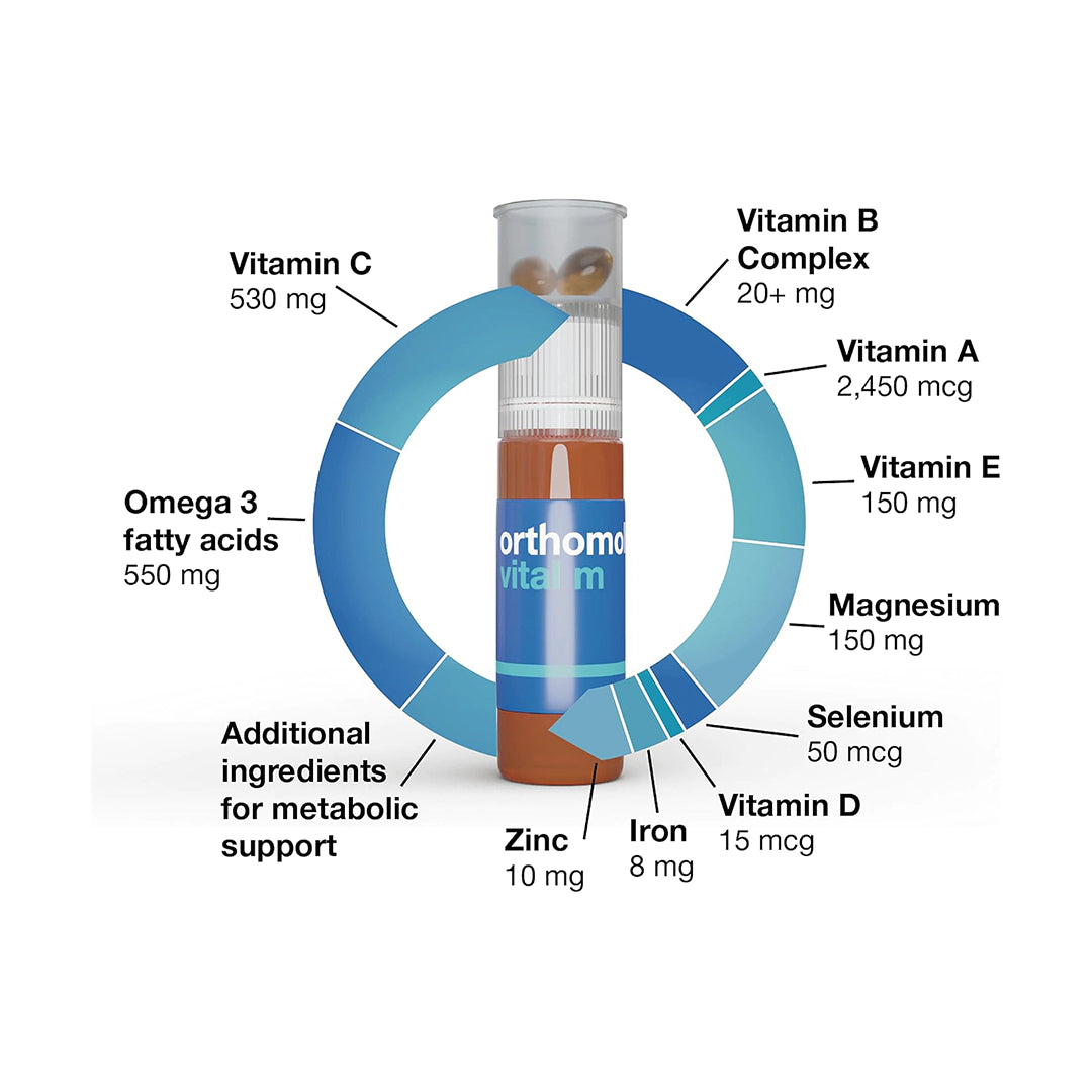 Orthomol Vital M Powder and Tablet Packet, Men's Multivitamin, 30-Day Supply, Vitamins A, B, C, D, E, K, Iodine, Omega-3