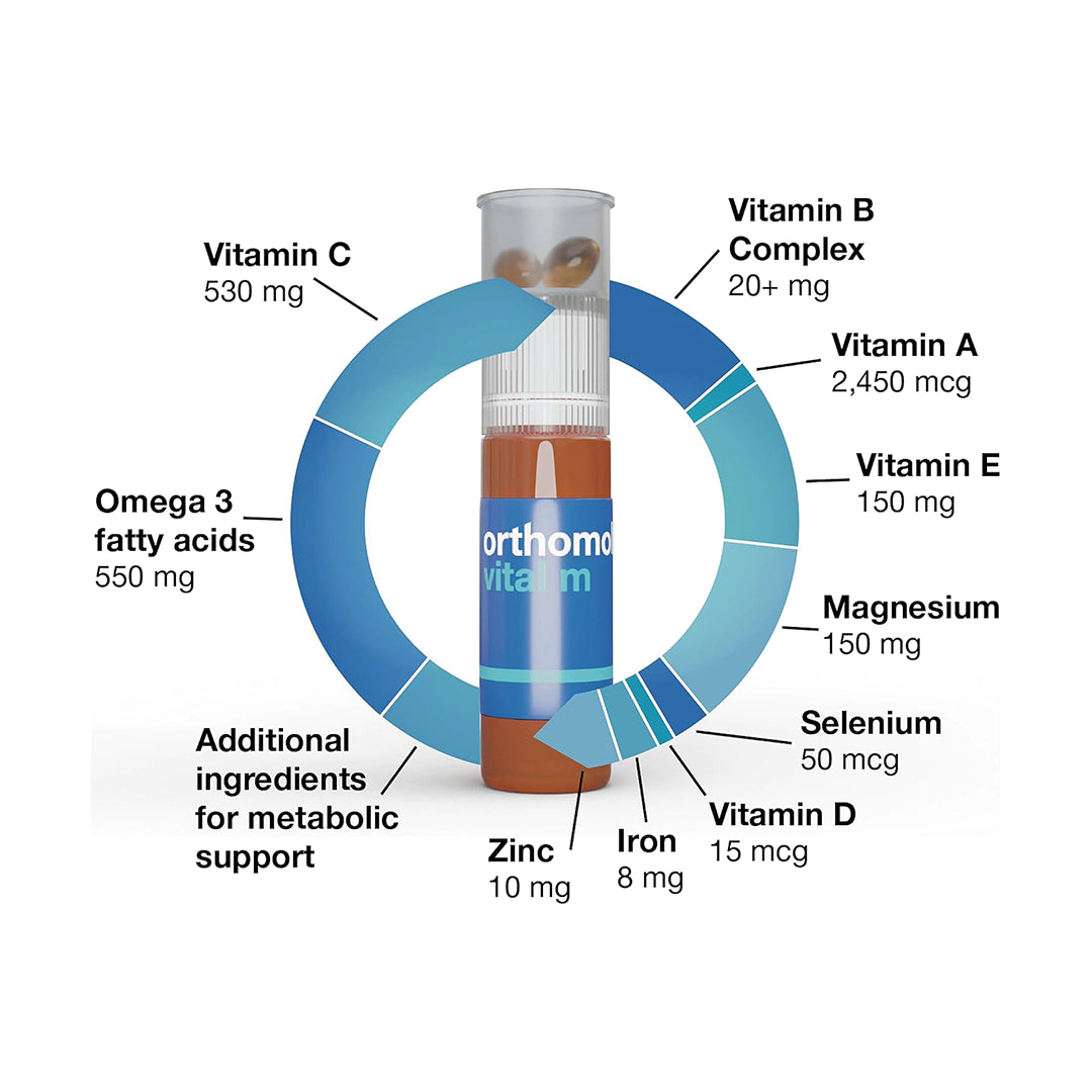 Orthomol Vital M Vial, Daily Liquid Vitamin Supplement for Men, 30-Day Supply, Supports Energy & Vitality, Includes Vitamins A, B, C, D, E, K, Iodine & Omega-3