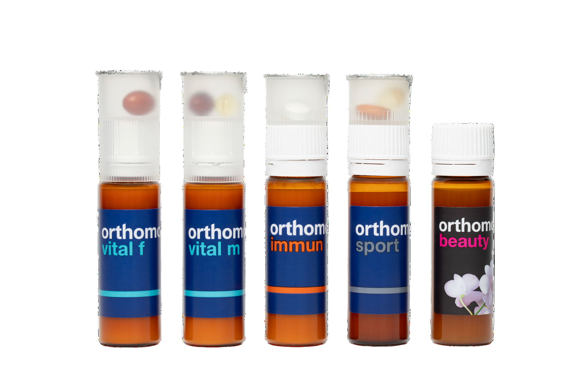 Set of Orthomolecular health product bottles on a white background