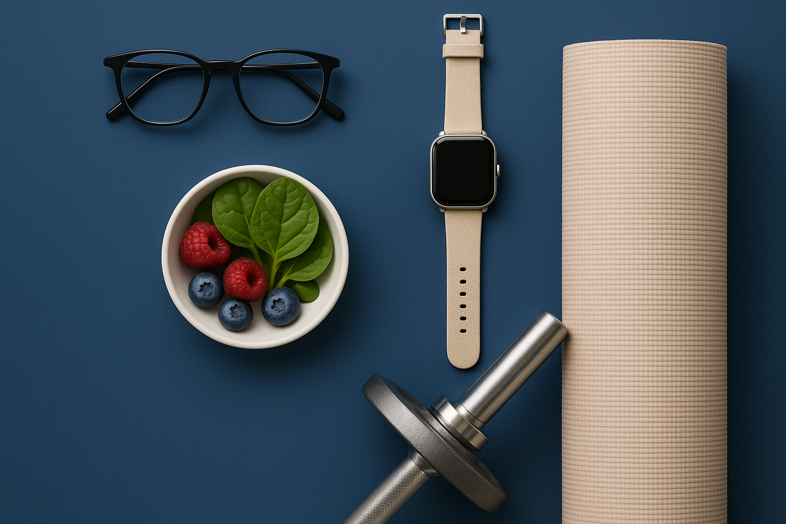 Premium lifestyle props: sleek glasses, smartwatch, berries/greens, yoga mat, weight bar — arranged minimally to avoid clutter but hint at each health focus.

Color palette: Orthomol Blue (#0D3373) base with soft neutrals, a touch of green (#B9C300) and a subtle accent of warm red for Cardio.

Mood:
Science-backed, trustworthy, yet lifestyle-friendly — modern premium wellness.